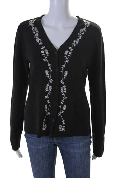 DKNY Womens Wool Floral Embroidered Beaded Textured Knit Cardigan Black Size L