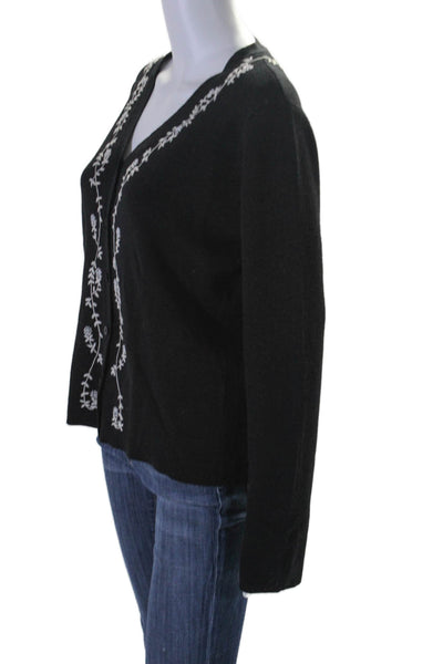 DKNY Womens Wool Floral Embroidered Beaded Textured Knit Cardigan Black Size L