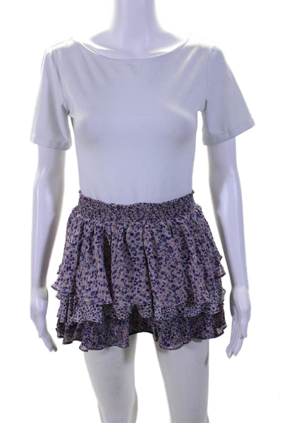 Joie Womens Silk Floral Print Smocked Elastic Ruffled Mini Skirt Purple Size XS