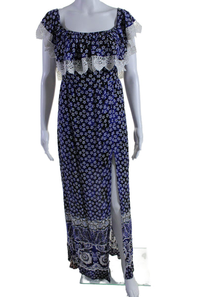 Lovers + Friends Womens Off Shoulder Lace Trim Floral Maxi Dress Blue Size M