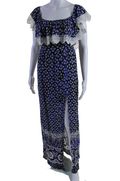 Lovers + Friends Womens Off Shoulder Lace Trim Floral Maxi Dress Blue Size M