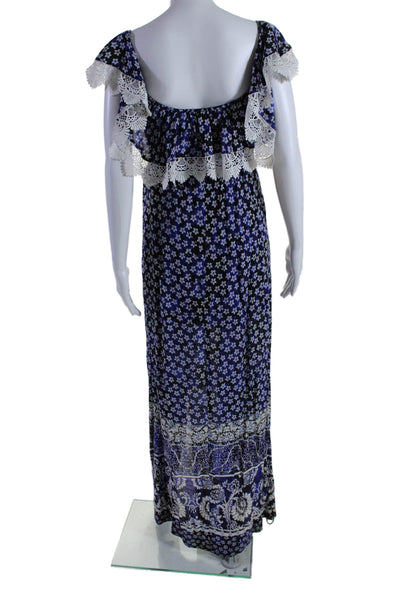 Lovers + Friends Womens Off Shoulder Lace Trim Floral Maxi Dress Blue Size M