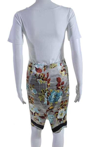 Rebecca Taylor Womens Silk Gray Floral Print Zip Back Pencil Skirt Size 2