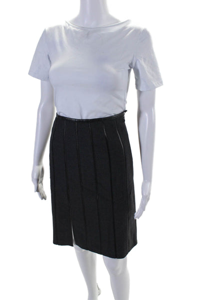 Armani Collezioni Womens Side Zip Leather Striped A Line Skirt Gray Wool Size 6