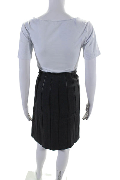 Armani Collezioni Womens Side Zip Leather Striped A Line Skirt Gray Wool Size 6