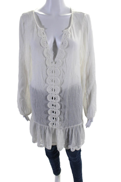 Eberjey Women's Long Sleeves V-Neck Crochet Hem Tunic Blouse White Size L