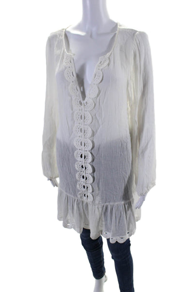 Eberjey Women's Long Sleeves V-Neck Crochet Hem Tunic Blouse White Size L