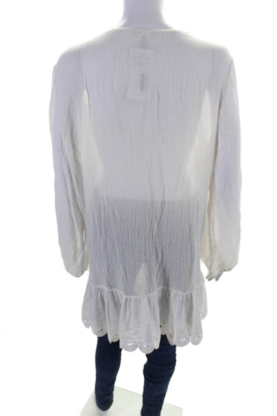 Eberjey Women's Long Sleeves V-Neck Crochet Hem Tunic Blouse White Size L