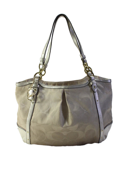 Coach Womens Metallic Leather Trim Zip Up Shoulder Bag Handbag Beige