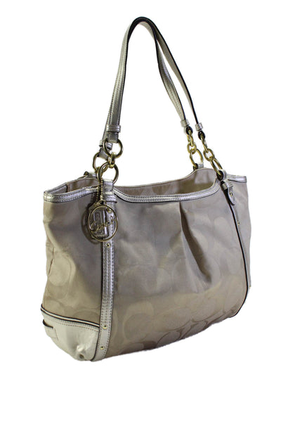 Coach Womens Metallic Leather Trim Zip Up Shoulder Bag Handbag Beige