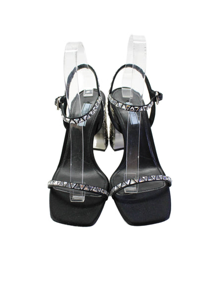 Prada Womens Mirrored Block Heel Crystal Ankle Strap Satin Sandals Black 38.5