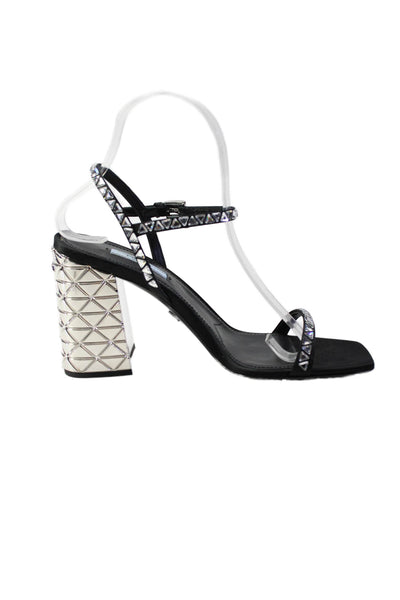 Prada Womens Mirrored Block Heel Crystal Ankle Strap Satin Sandals Black 38.5