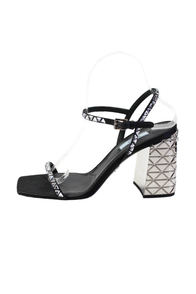 Prada Womens Mirrored Block Heel Crystal Ankle Strap Satin Sandals Black 38.5