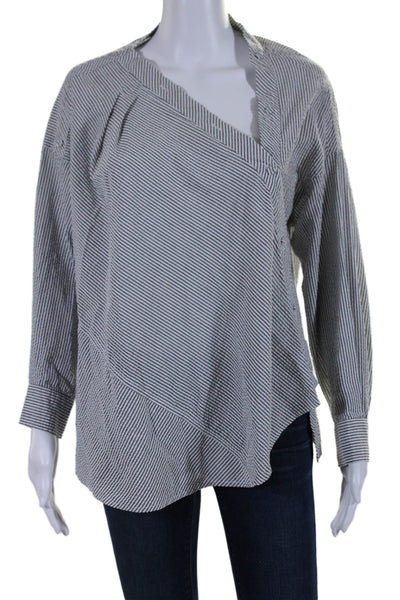 Habitual Womens Gray Striped Textured V-Neck Long Sleeve Blouse Top Size S