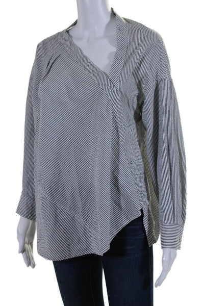 Habitual Womens Gray Striped Textured V-Neck Long Sleeve Blouse Top Size S