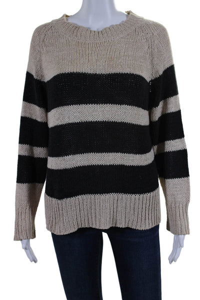 A.L.C. Womens Cotton Beige Black Striped Long Sleeve Pullover Sweater Top Size L