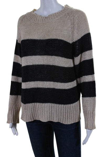 A.L.C. Womens Cotton Beige Black Striped Long Sleeve Pullover Sweater Top Size L