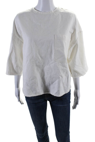 TWP Womens Cotton Blend Round Neck Short Sleeve Blouse Top White Size M/L