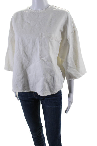 TWP Womens Cotton Blend Round Neck Short Sleeve Blouse Top White Size M/L