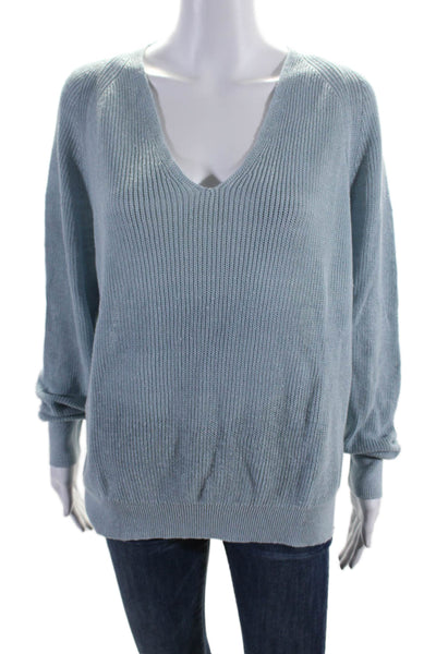 White + Warren Womens Linen V-Neck Long Sleeve Pullover Sweater Top Blue Size XL