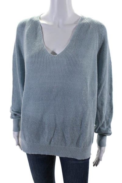 White + Warren Womens Linen V-Neck Long Sleeve Pullover Sweater Top Blue Size XL