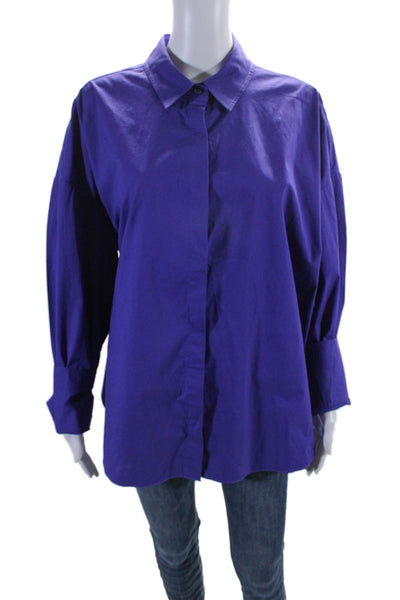 Staud Womens Cotton Collared Long Sleeve Button Up Blouse Top Purple Size L