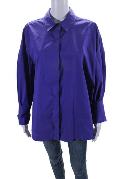 Staud Womens Cotton Collared Long Sleeve Button Up Blouse Top Purple Size L