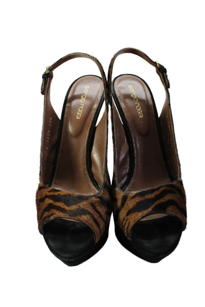 Sergio Rossi Womens Stiletto Platform Pony Hair Peep Toe Pumps Brown Size 39.5