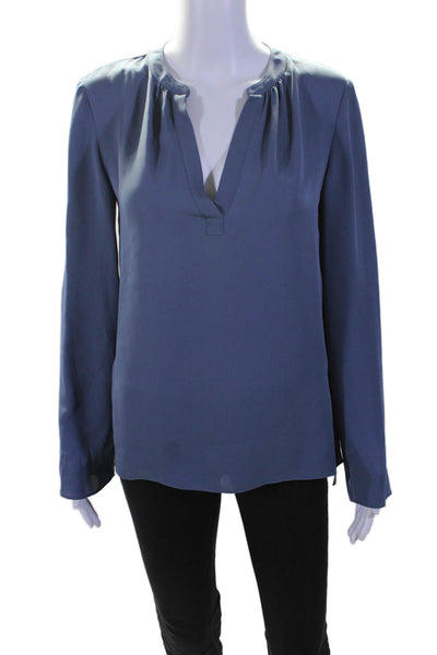 Theory Womens Silk Dusty Dark Blue V-Neck Long Sleeve Blouse Top Size S