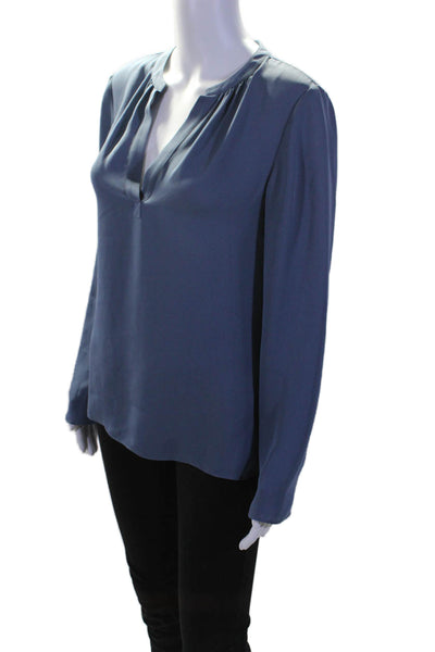 Theory Womens Silk Dusty Dark Blue V-Neck Long Sleeve Blouse Top Size S