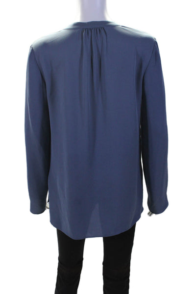 Theory Womens Silk Dusty Dark Blue V-Neck Long Sleeve Blouse Top Size S