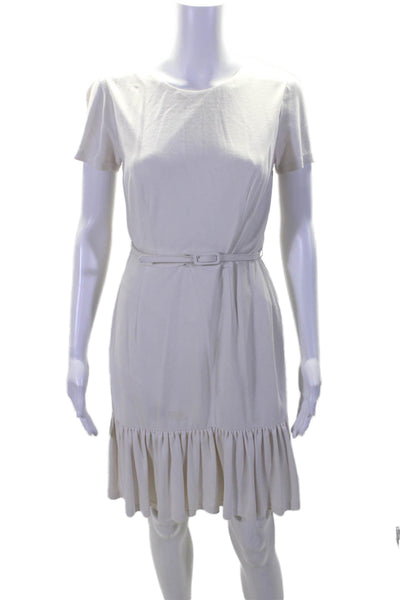 Shoshanna Womens Short Sleeve Belted Ruffle Trim Sheath Dress White Size 0