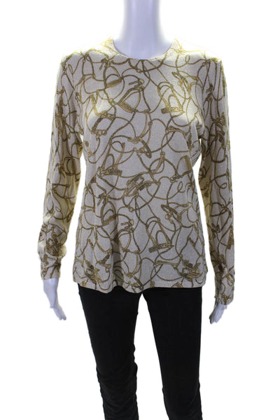 J. Mclaughlin Womens Crew Neck Long Sleeve Abstract Print Top Gold Large