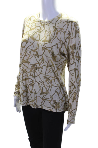 J. Mclaughlin Womens Crew Neck Long Sleeve Abstract Print Top Gold Large