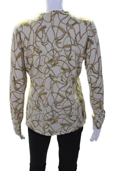 J. Mclaughlin Womens Crew Neck Long Sleeve Abstract Print Top Gold Large