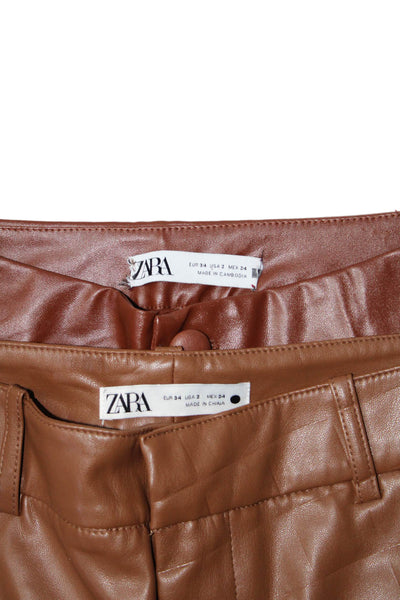 Zara Womens Vegan Leather High-Rise Tapered Pants Trousers Brown Size 2 Lot 2