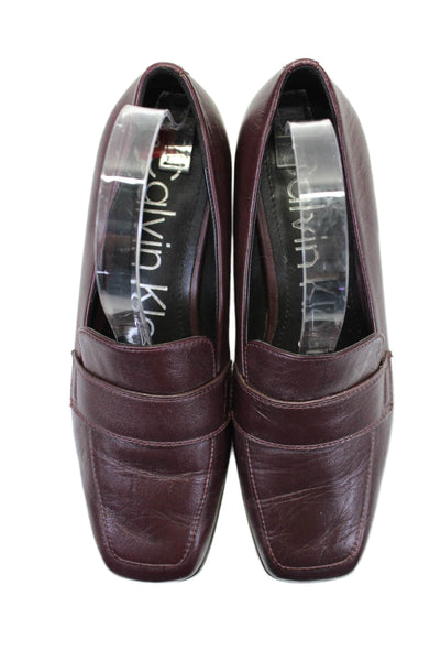 Calvin Klein Womens Leather Square Apron Toe Strap Slip-On Loafers Brown Size 8