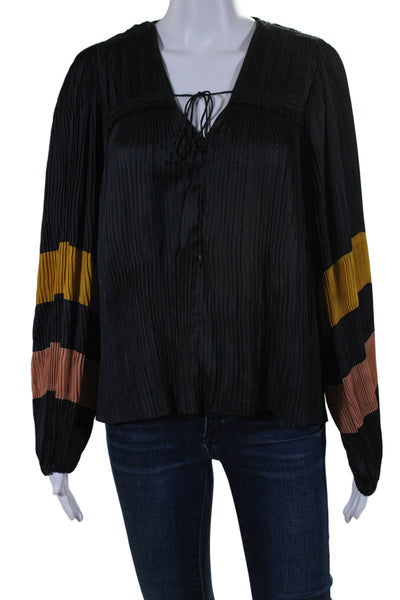 Ulla Johnson Womens Pleated Long Sleeve V Neck Striped Blouse Black Size 4