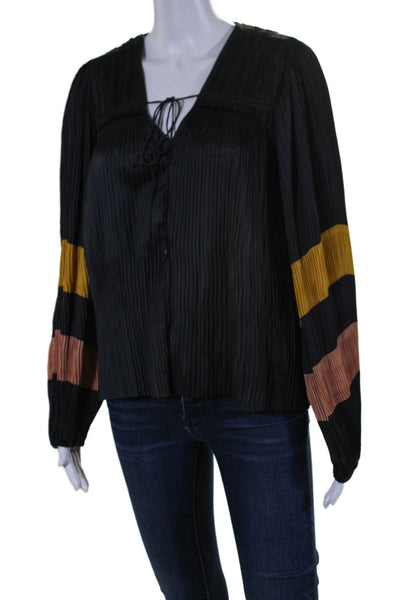 Ulla Johnson Womens Pleated Long Sleeve V Neck Striped Blouse Black Size 4