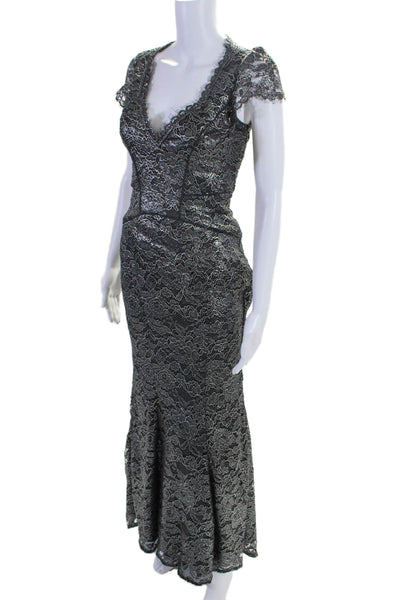 ZAC Zac Posen Womens Floral Metallic Print Textured Mermaid Gown Black Size 0