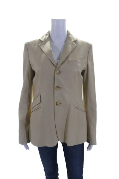 Ralph Lauren Women's Collared Long Sleeves Lined Leather Jacket Beige Size 10