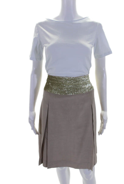 Just In Case Women's Sequin Pleated Lined Silk Mini Skirt Beige Size 40