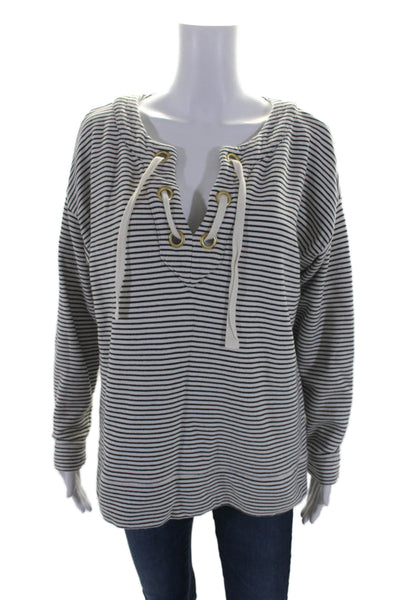 Vineyard Vines Womens Lace Up V Neck Striped Sweater White Black Cotton Medium