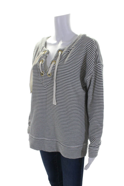 Vineyard Vines Womens Lace Up V Neck Striped Sweater White Black Cotton Medium