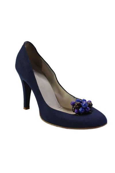 Marc Jacobs Womens Block Heel Beaded Canvas Pu,ps Navy Blue Size 11M