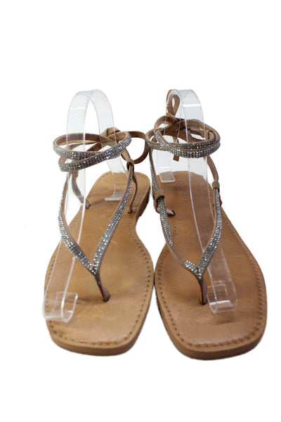 Schutz Womens Strappy Crystal T Strap Sandals Brown Leather Size 7.5