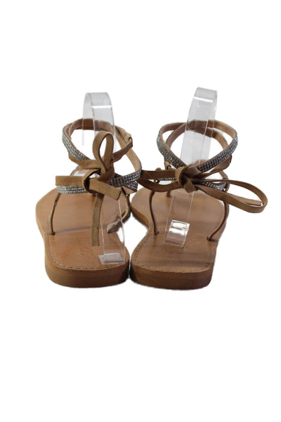 Schutz Womens Strappy Crystal T Strap Sandals Brown Leather Size 7.5