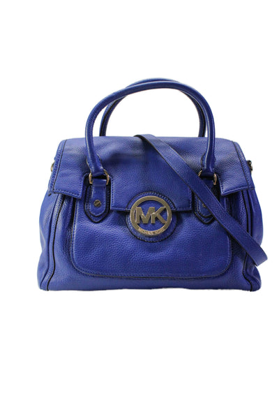 Michael Michael Kors Womens MK Logo Flap Grain Leather Satchel Handbag Blue