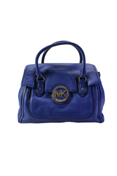 Michael Michael Kors Womens MK Logo Flap Grain Leather Satchel Handbag Blue