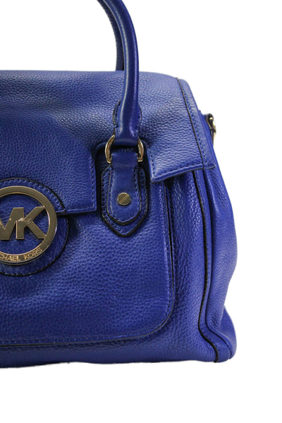 Michael Michael Kors Womens MK Logo Flap Grain Leather Satchel Handbag Blue